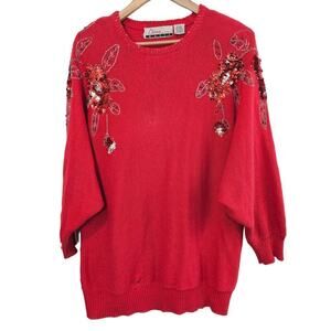 Vintage 80s Sweater Womens 2X Sequins Red Floral Glam Rock Knit Embellished